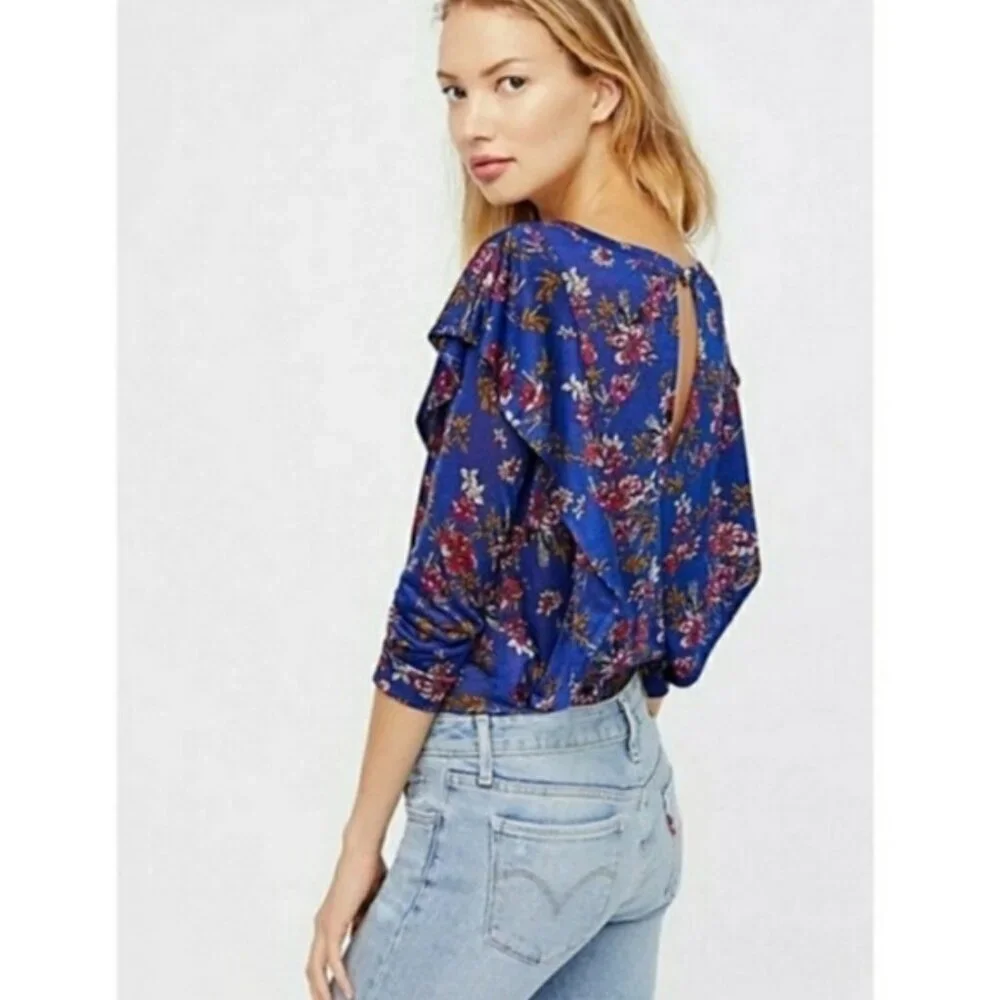 Free People Dock Street Floral Print Ruffle Blouse Womens Size XS Whimsigoth